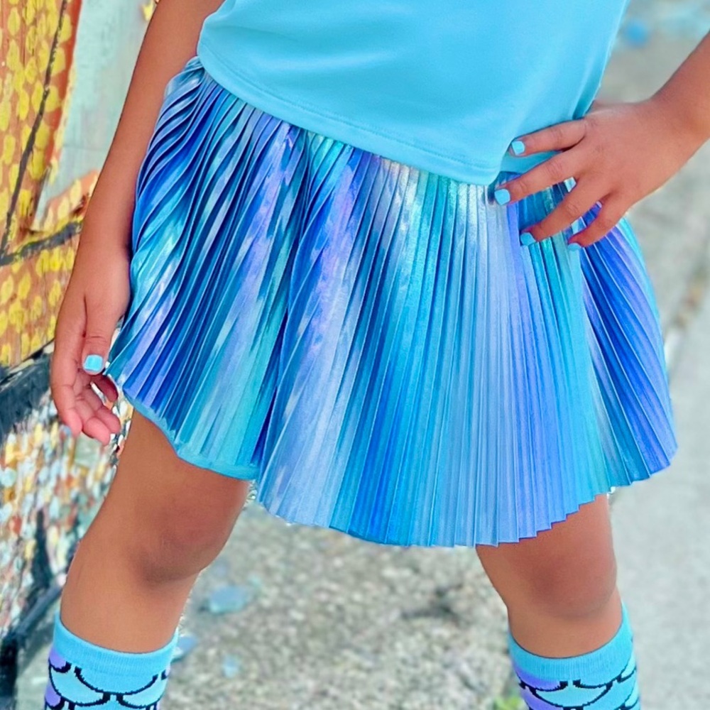 Blue Pleated Metallic Skorts